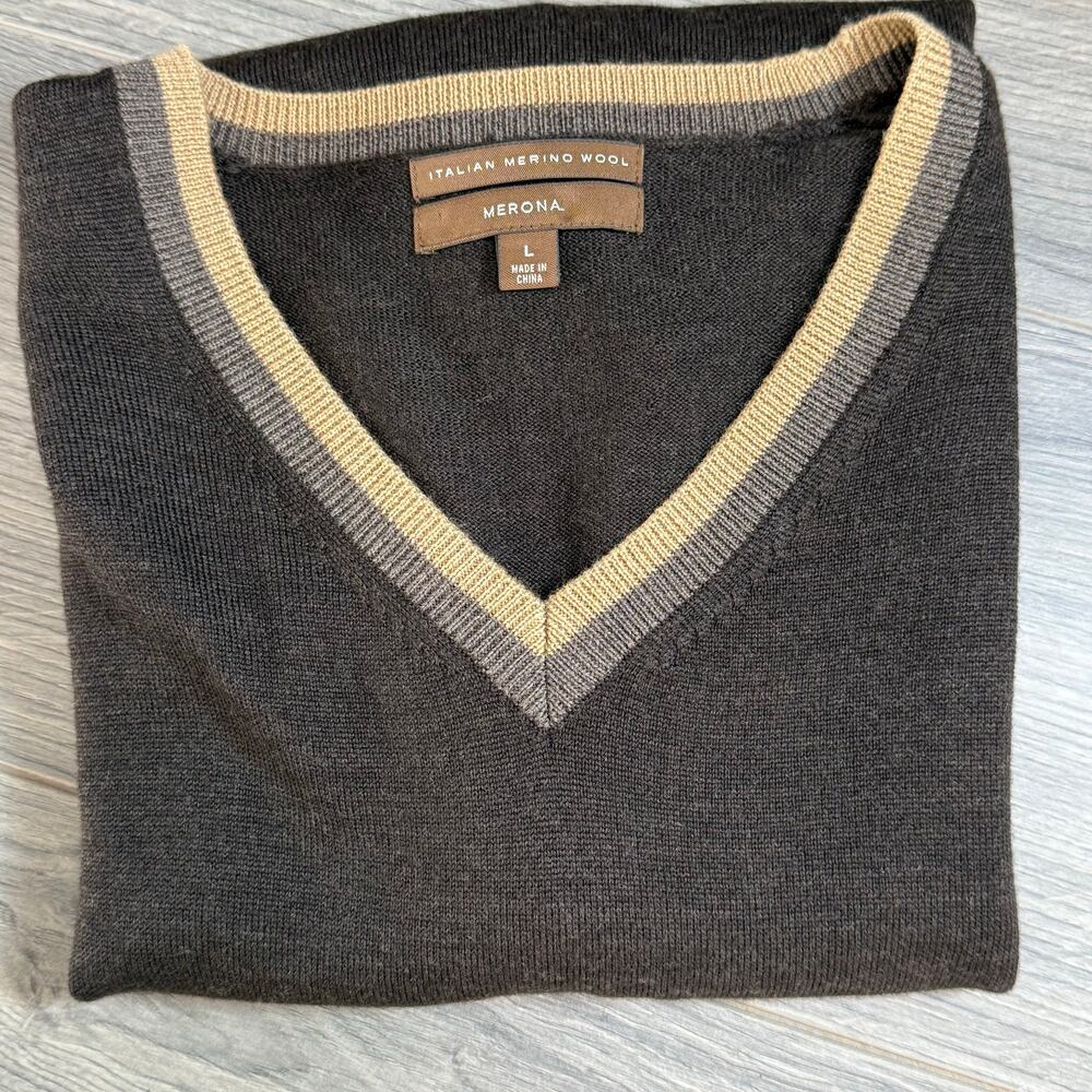 Vtg Merona V-Neck Pullover Sweater Size L Italian Merino Wool Classic Elevated